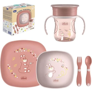 Chicco-set voor bijvoeding vanaf 12 maanden – Set met beker, kom, antislip-plat bord, vork en roze lepel