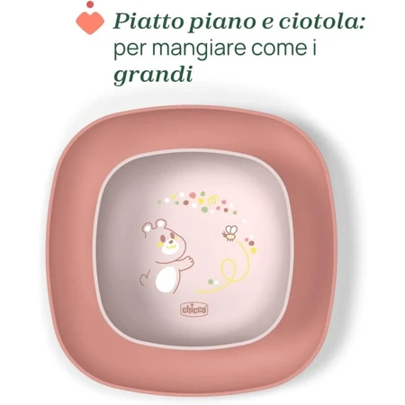 Chicco-set voor bijvoeding vanaf 12 maanden – Set met beker, kom, antislip-plat bord, vork en roze lepel