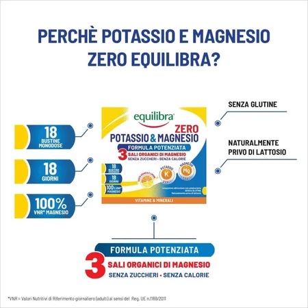 Equilibra Kalium & Magnesium Zero 3 – verbesserte Rezeptur, 18 Beutel – Nahrungsergänzungsmittel zur Steigerung der Energie