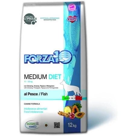 Forza10 Forza 10 Medium Diet mit Fisch – Alleinfuttermittel für erwachsene Hunde mit Nahrungsmittelunverträglichkeiten, 12 kg