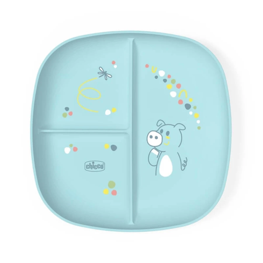 Plato con compartimentos Chicco - Plato azul claro de 3 compartimentos, a partir de los 12 meses