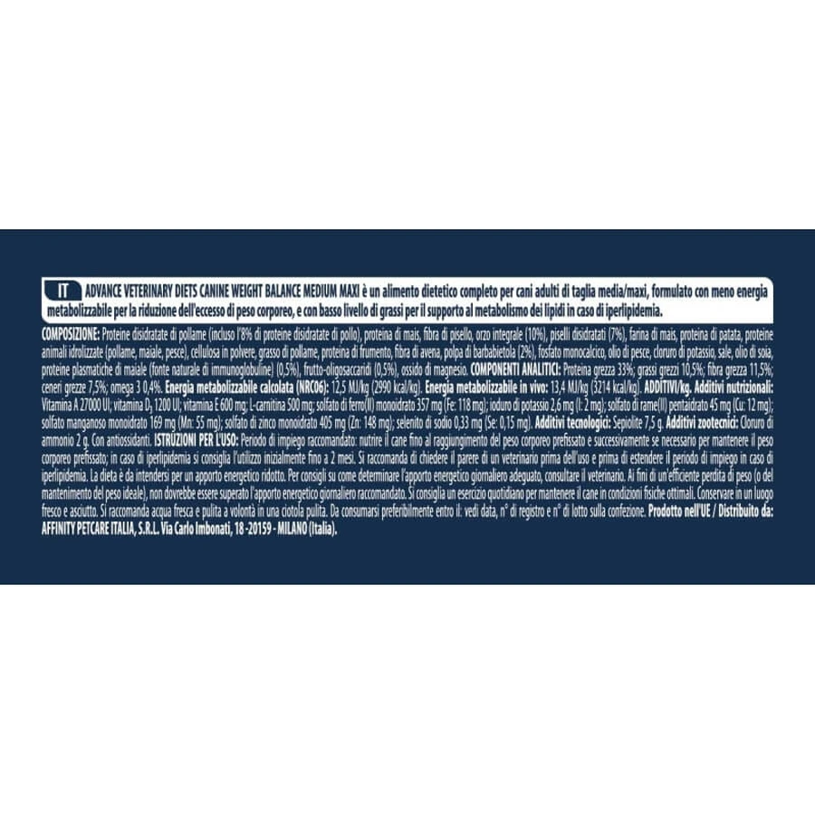 Advance Veterinary Diets Weight Balance Medium/Maxi - Droogvoer voor volwassen honden van middelgroot en groot formaat, voor gewichtsbeheersing, 3 kg