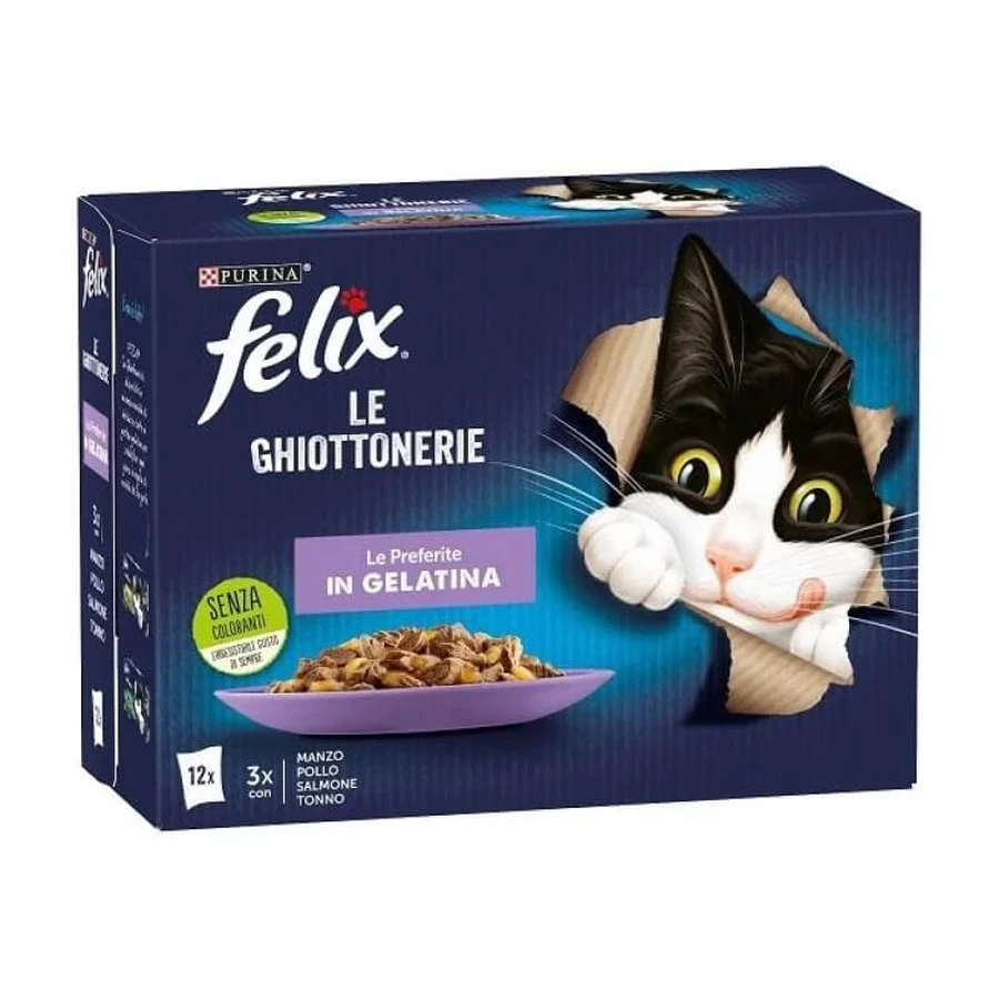 Purina Felix – delicatese în gelatină, hrană completă pentru pisoi, 12 x 85 g, diverse arome