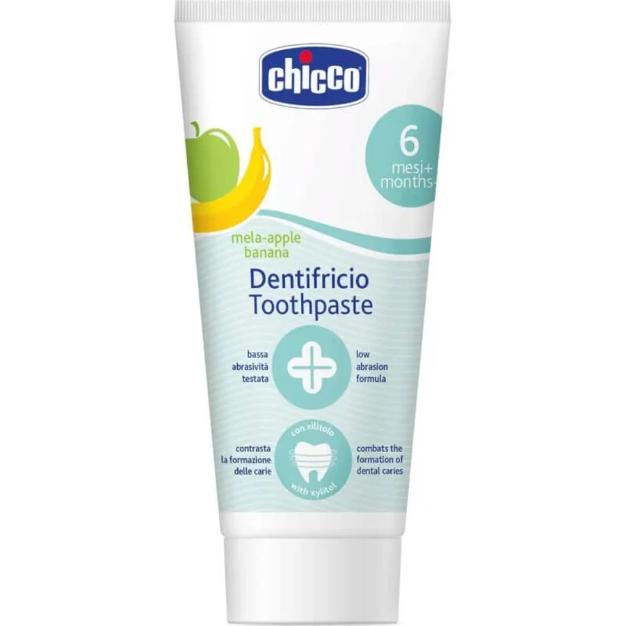 Chicco Zahnpasta mit Apfel-Bananen-Geschmack, ideal für Kinder ab 6 Monaten, 50 ml