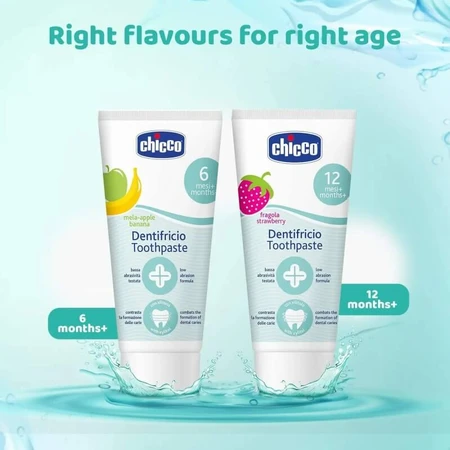Chicco Zahnpasta mit Apfel-Bananen-Geschmack, ideal für Kinder ab 6 Monaten, 50 ml