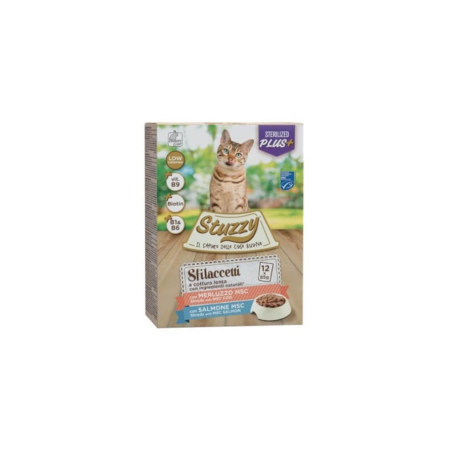 Stuzzy Multipack fâșii de somon și cod sterilizate – hrană completă pentru pisici sterilizate, 12 x 85 g