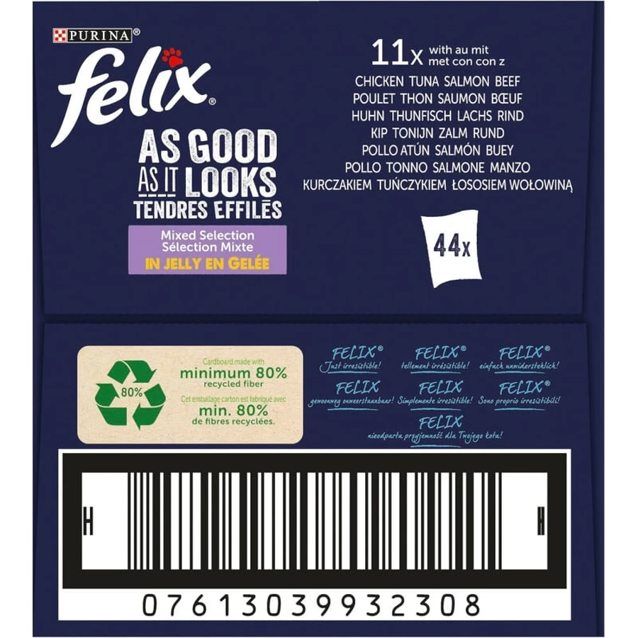 Purina Felix Snacks met kip, rundvlees, zalm en tonijn – Volledig voer voor volwassen katten, 44 x 85 g