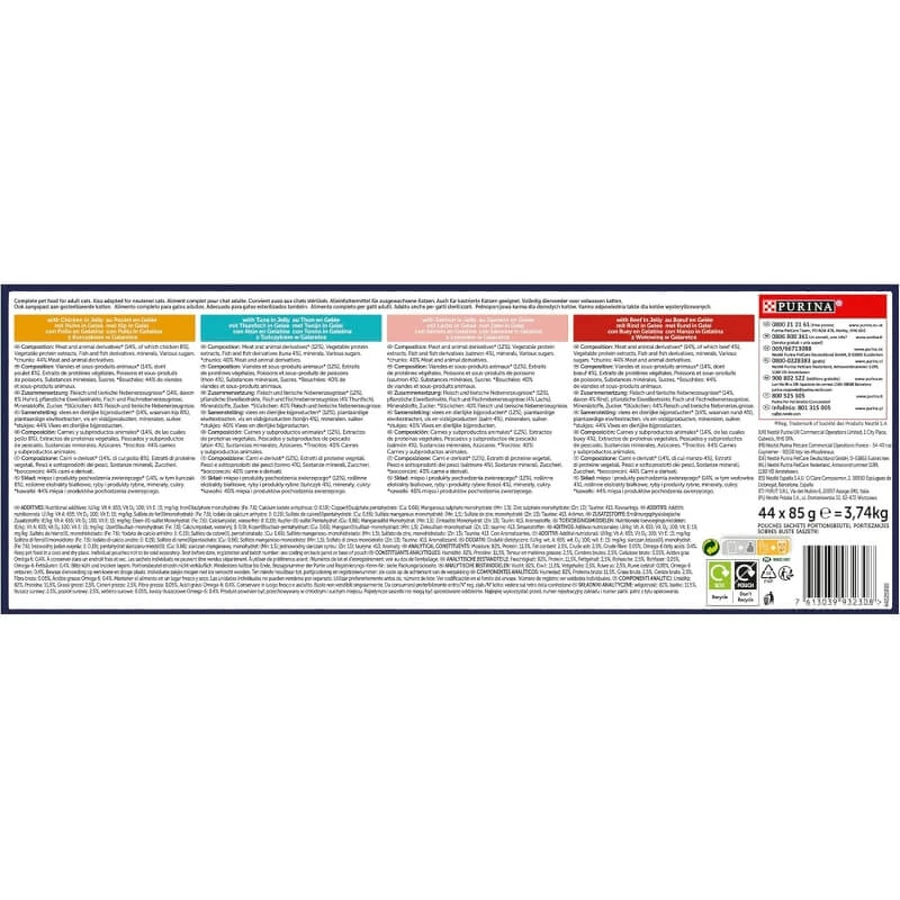 Purina Felix Snacks met kip, rundvlees, zalm en tonijn – Volledig voer voor volwassen katten, 44 x 85 g