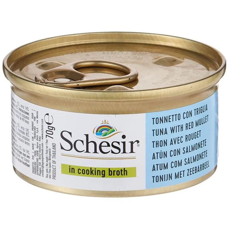 Schesir Tonnetto met rode mul in kookbouillon – Compleet kattenvoer, 70 g