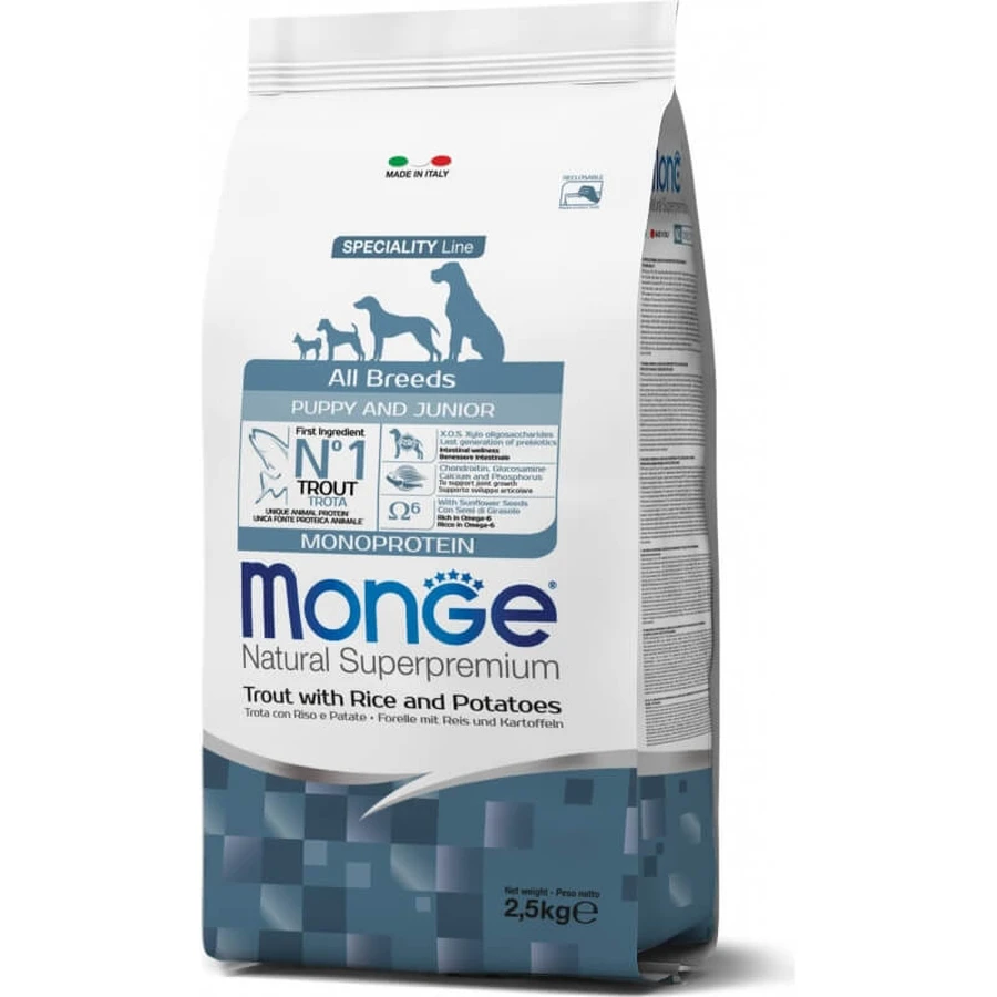 Monge All Breeds Puppy and Junior Single-Protein Trout with Rice and Potatoes - Dry Dog Food 2.5 kg