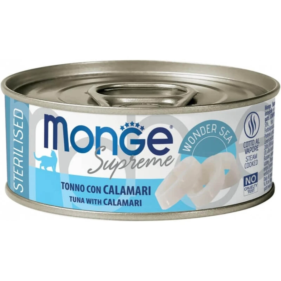 Monge Supreme Atún con calamar para gatos esterilizados - Alimento complementario para gatos adultos esterilizados, 80 g