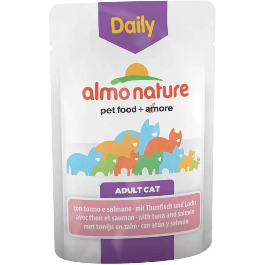 Almo Nature Daily Menu Atún y salmón - Comida húmeda completa para gatos adultos, 70 g