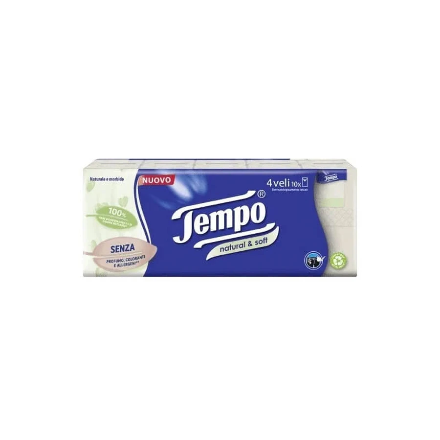 Tempo Natural &amp; Soft - 10 pakjes natuurlijke en zachte papieren zakdoekjes