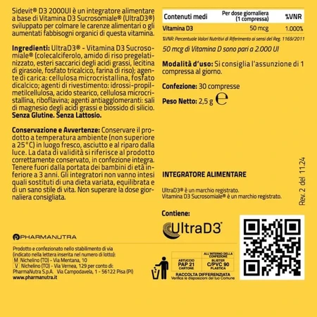 Sidevit D3 2000 UI, 30 comprimés - Complément alimentaire à base de vitamine D3