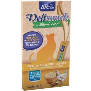 Life Natural Cat Deli Natural Cream Snacks mit Huhn, grünen Miesmuscheln und Quinoa – Ergänzungsfuttermittel für Katzen, 6 x 15 g