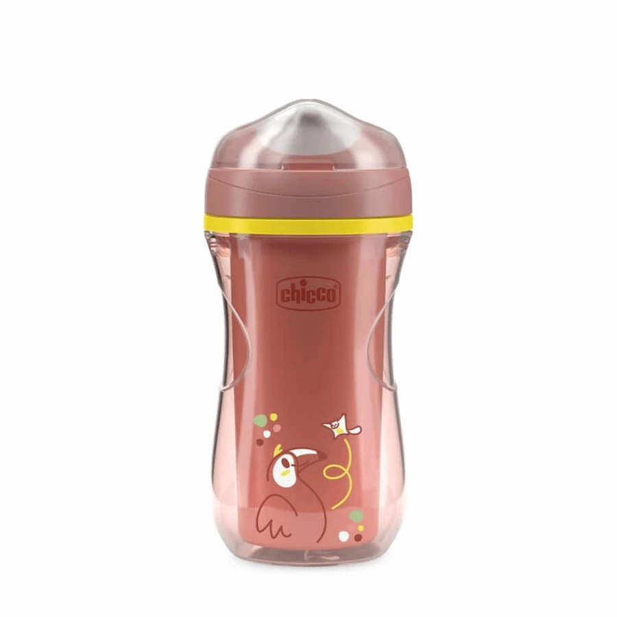 Vaso Chicco Active Cup - A partir de los 14 meses, vaso para niños, a prueba de derrames, boquilla rígida, aislante, rosa, 266 ml