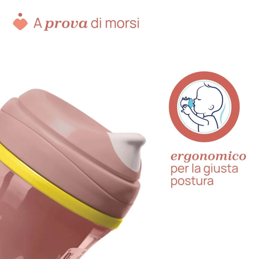 Vaso Chicco Active Cup - A partir de los 14 meses, vaso para niños, a prueba de derrames, boquilla rígida, aislante, rosa, 266 ml