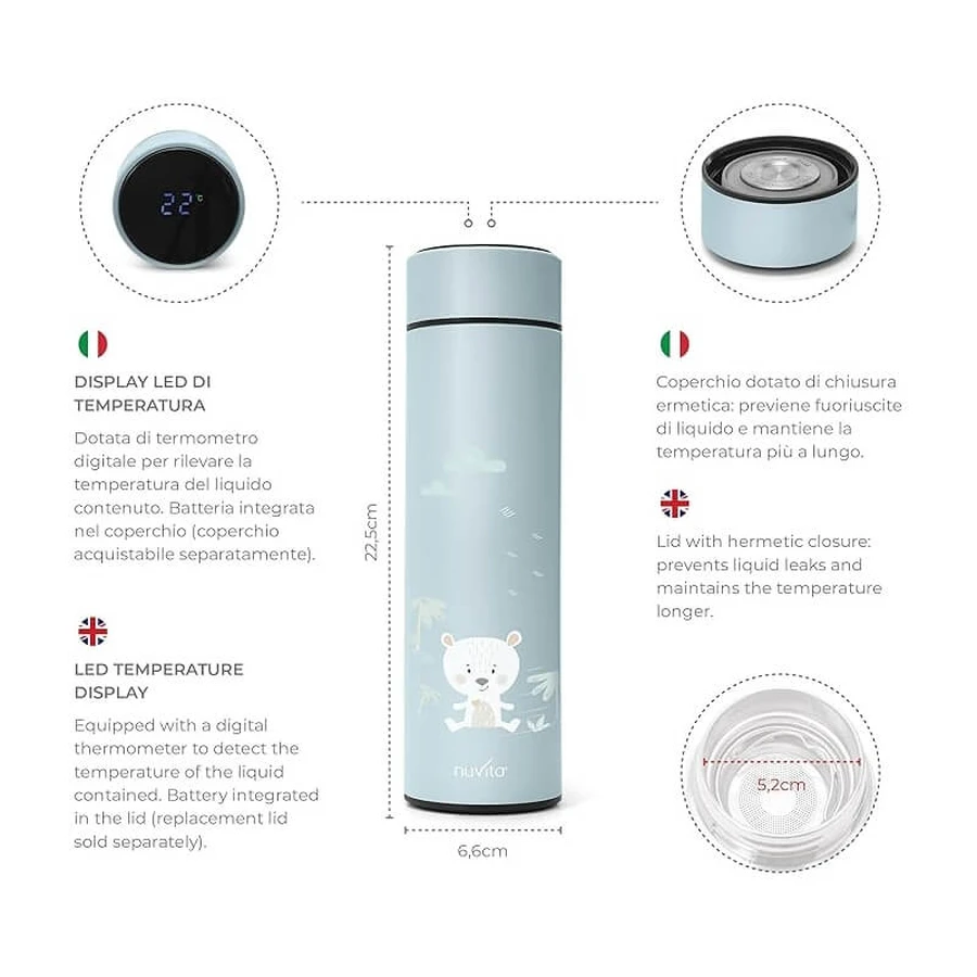 Botella térmica Nuvita con termómetro LED, verde salvia, 500 ml