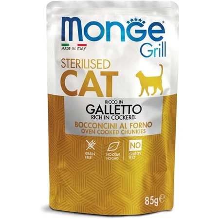 Monge Grill Sterilized Cat Bites: Oven-Baked Young Rooster - Complete Food for Sterilized Cats, 85 g