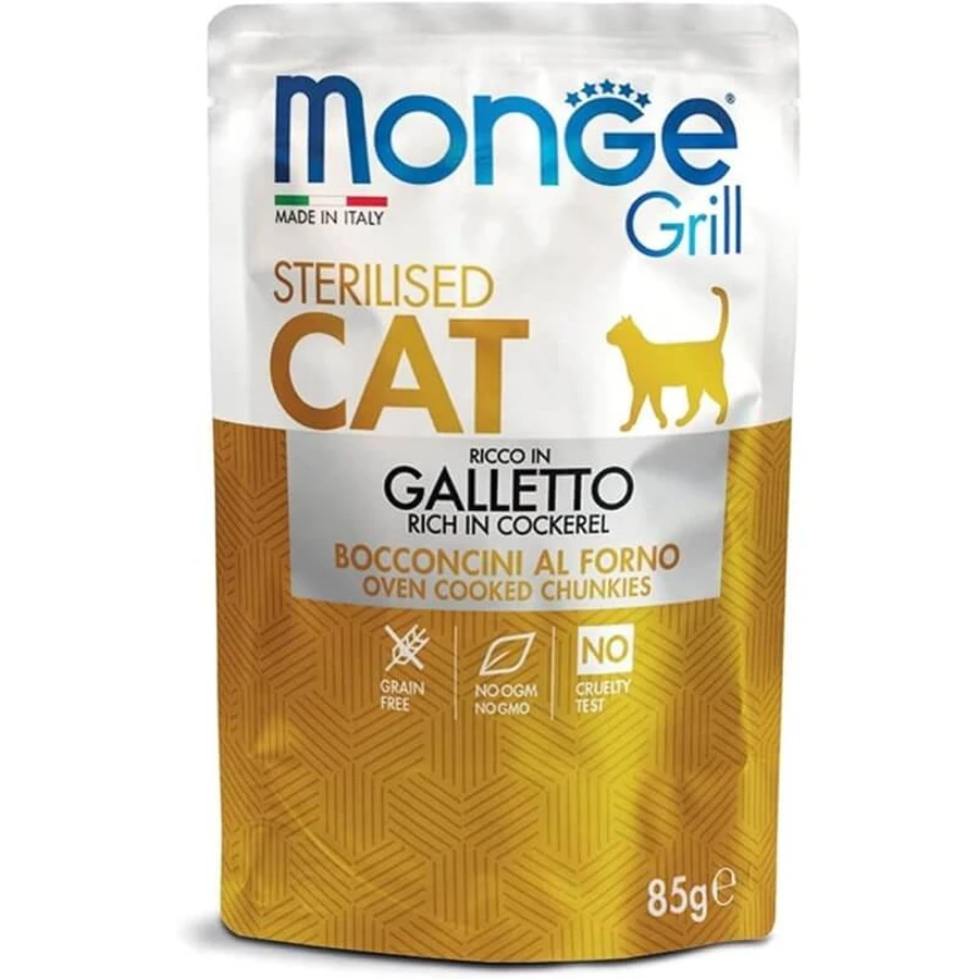 Monge Grill Sterilized Cat Bites: Oven-Baked Young Rooster - Complete Food for Sterilized Cats, 85 g