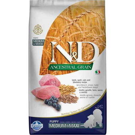 Farmina N&amp;d Ancestral Grain Puppy Medium &amp; Maxi con cordero y arándanos - Pienso completo para perros, 2,5 kg