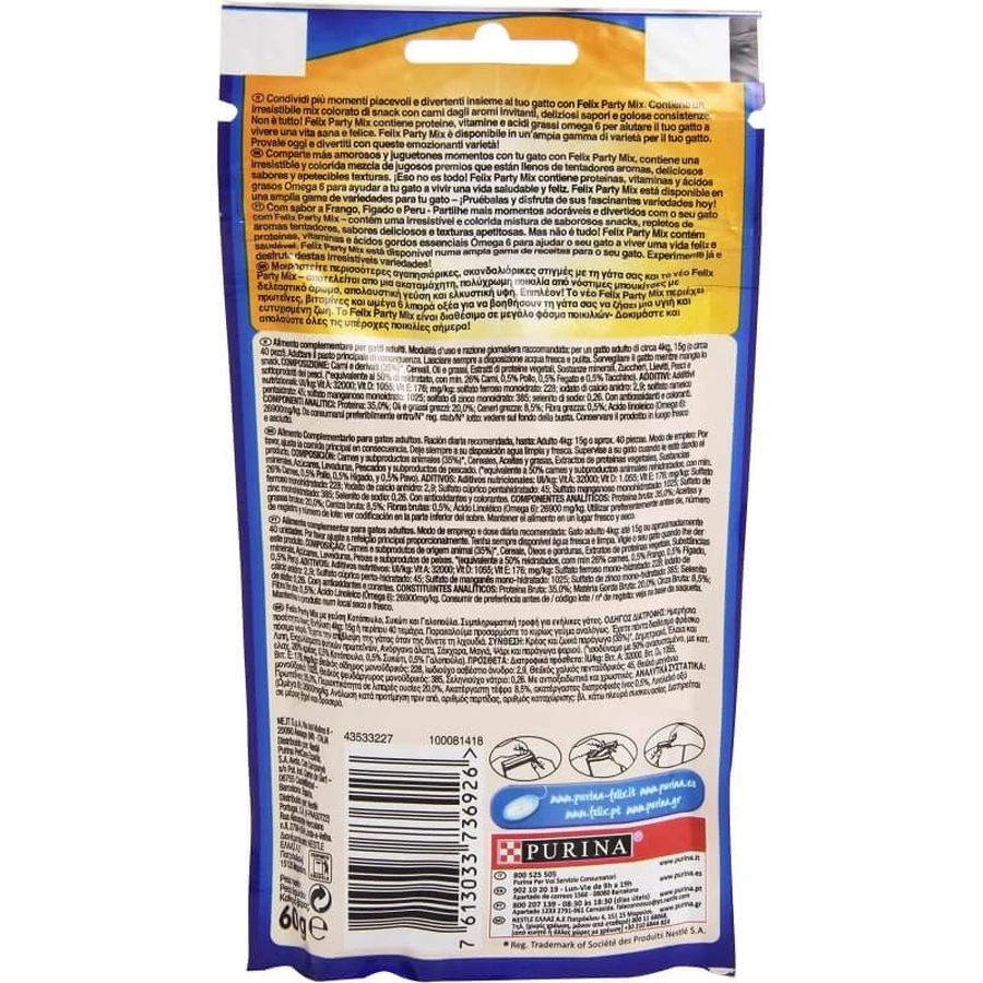 Purina Felix Party Mix Original - Cat Treats Flavored with Chicken, Liver, and Turkey, 60 g