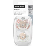 Suavinex night&amp;day – 2 im Dunkeln leuchtende Silikon-Schnuller, für Linkshänder, 0–6 Monate, rosa