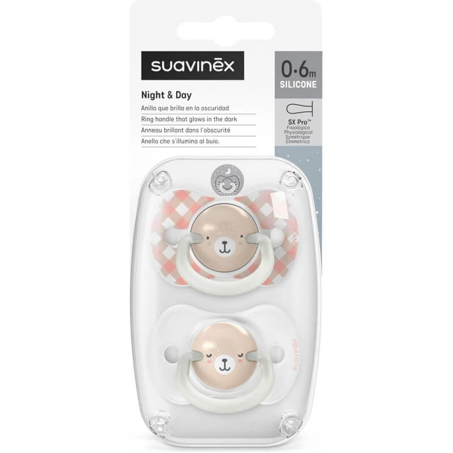 Suavinex night&amp;day - 2 in het donker oplichtende siliconen fopspenen, voor linkshandigen, 0-6 maanden, roze