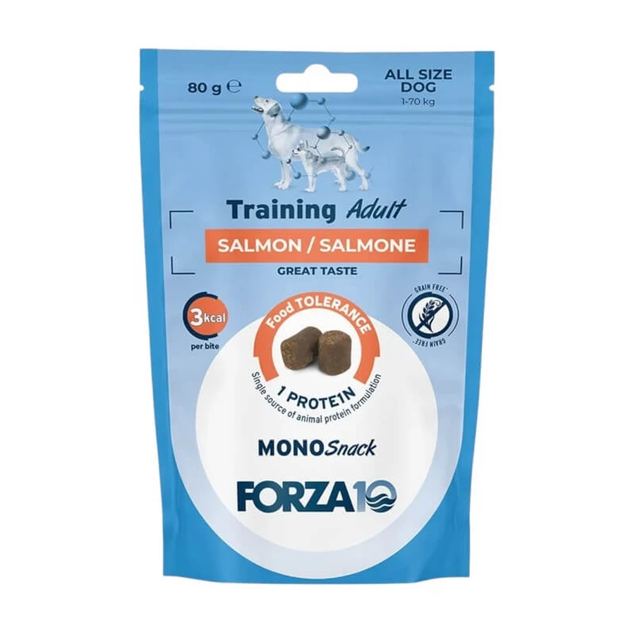Forza10 Mono Trainingssnacks für erwachsene Hunde (Lachs) – Ergänzungsfuttermittel für erwachsene Hunde, 80 g
