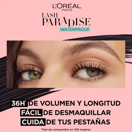 L'Oréal Paris Lash Paradise - Máscara de pestañas voluminizadora resistente al agua, negra