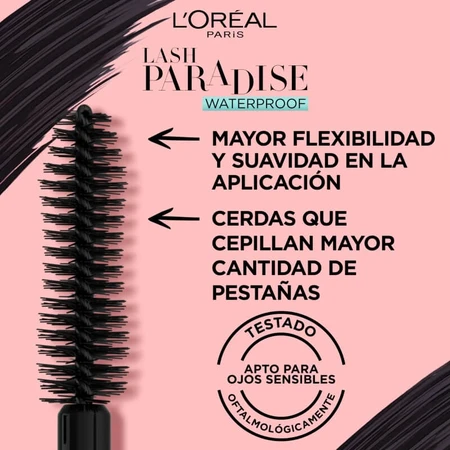 L'Oréal Paris Lash Paradise - Máscara de pestañas voluminizadora resistente al agua, negra
