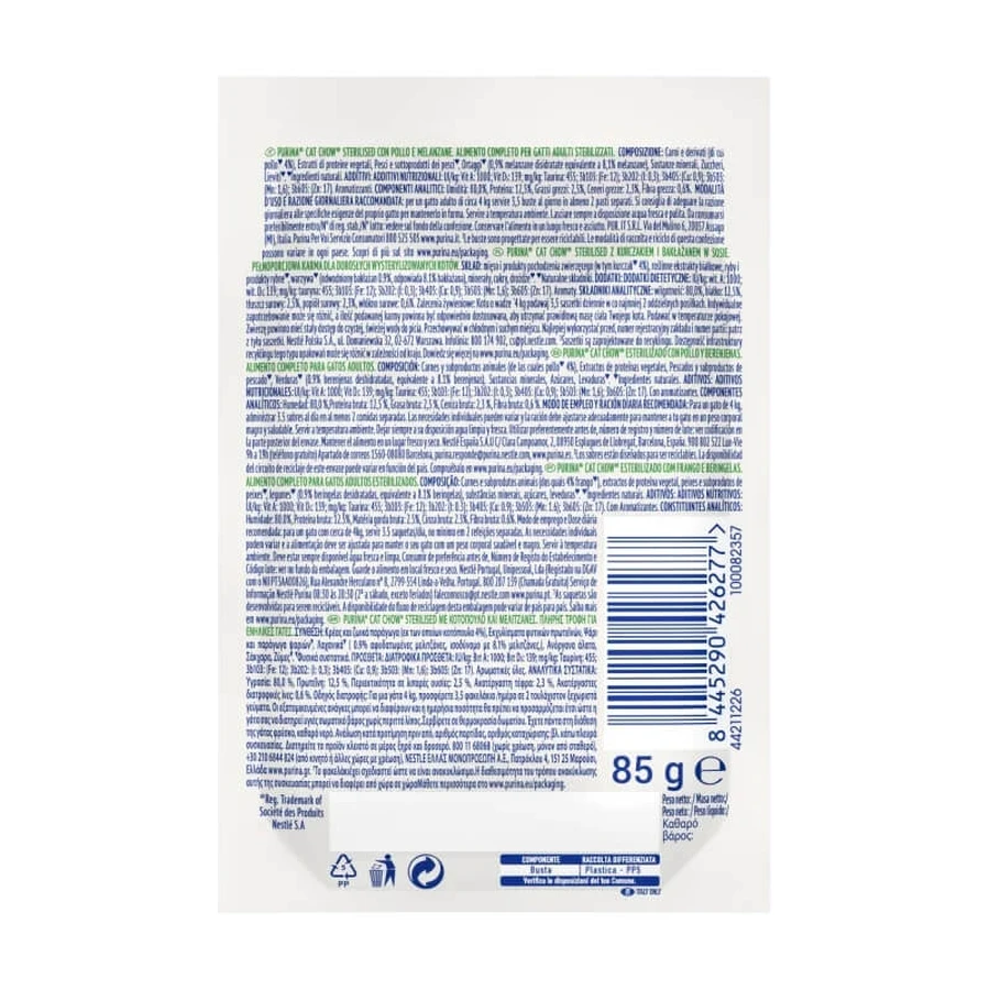 Purina Cat Chow « Sterilized » au poulet et à l'aubergine - Aliment complet pour chats adultes stérilisés, 85 g