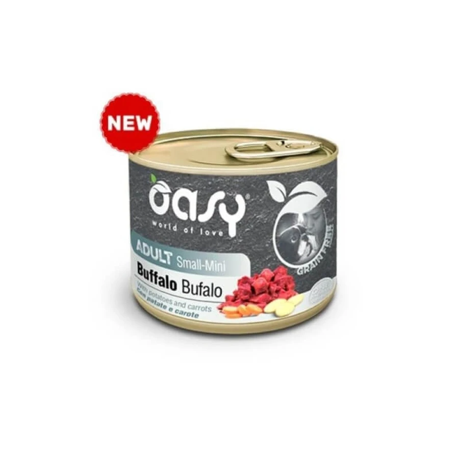 Oasy sin cereales para perros adultos de razas pequeñas y mini: búfalo, patatas y zanahorias - Comida húmeda para perros adultos, 200 g