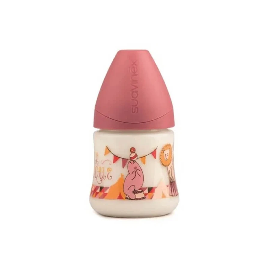 Suavinex Anatomical Baby Bottle with Slow-Flow Silicone Nipple - Pink Circus, 150 ml