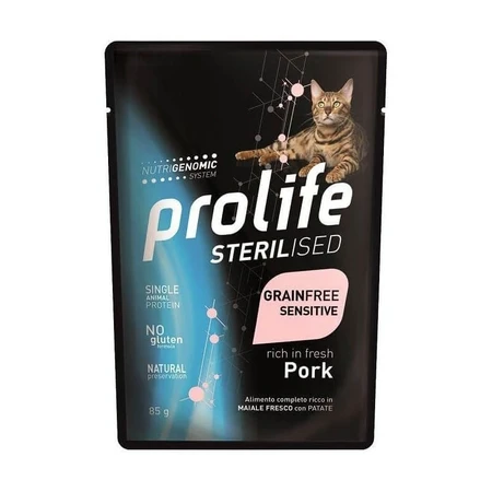 Prolife Sterilised Sensitive Pork – Alleinfuttermittel für kastrierte Katzen, 85 g