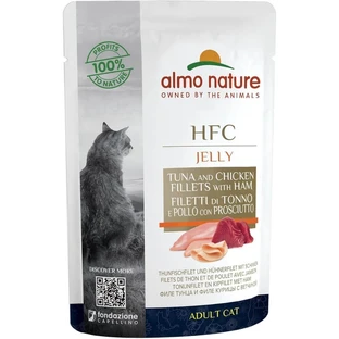 Almo Nature HFC Jelly: Atún con pollo y jamón - Pienso húmedo complementario para gatos adultos, 55 g