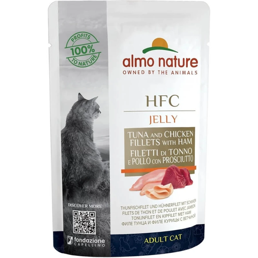 Almo Nature HFC Jelly: Atún con pollo y jamón - Pienso húmedo complementario para gatos adultos, 55 g