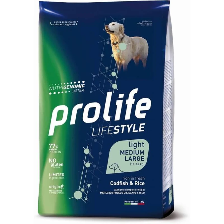 Prolife Cane Lifestyle Light Morue et riz - Aliment complet pour chiens adultes en surpoids (taille moyenne/grande), 12 kg