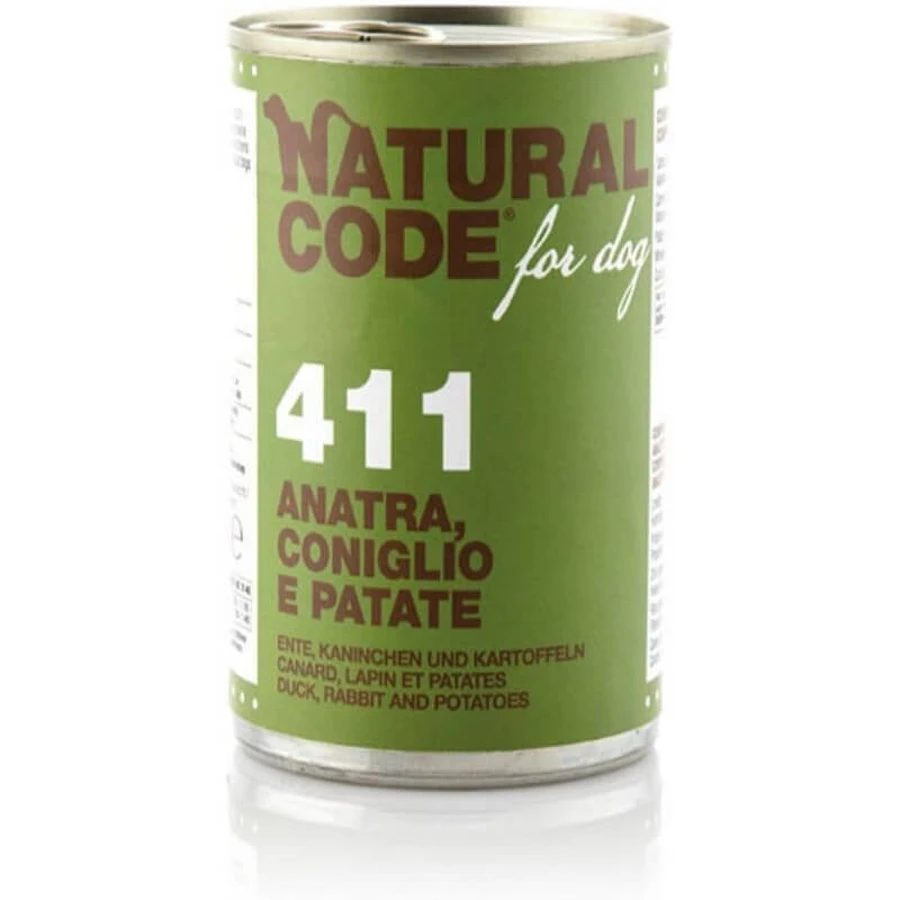 Natural Code 411 rață, iepure și cartofi – hrană completă pentru câini, 400 g