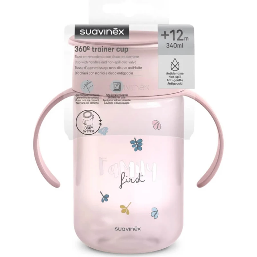 Suavinex My Family 360° Trinklernbecher ab 12 Monaten – 340 ml Trinklernbecher – Rosa