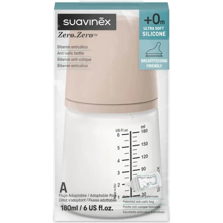 Suavinex Zero Zero Medium 0m+ - Anti-koliekfles met instelbare doorstroming, 180 ml