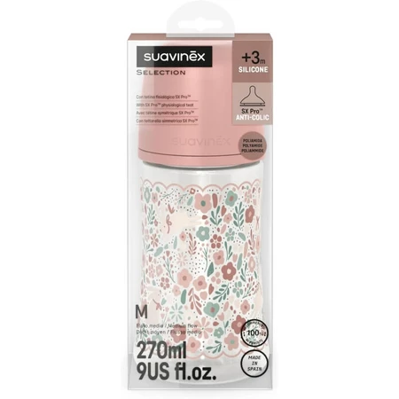Suavinex Wonderland - Babyfles met siliconen speen met gemiddelde doorstroming - 270 ml, roze Liberty-print