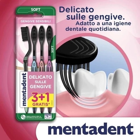 Brosses à dents Mentadent pour gencives sensibles : 3 achetées, 1 offerte ; poils souples et fins