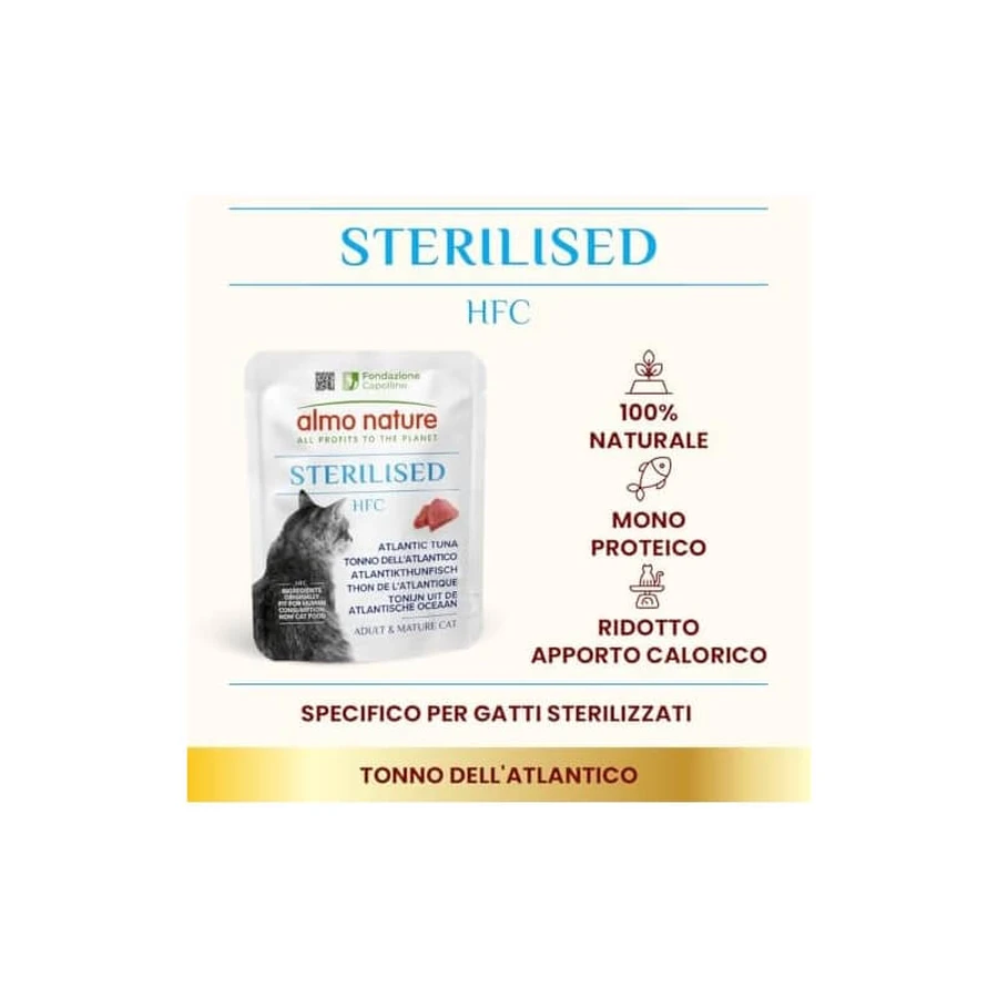 Almo Nature HFC Atún del Atlántico para gatos esterilizados - Alimento complementario para gatos adultos esterilizados o menos activos, 50 g