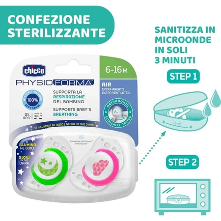 Chicco Physio Air Lumi 6–16 maanden – 2 siliconen fopspenen – diverse kleuren
