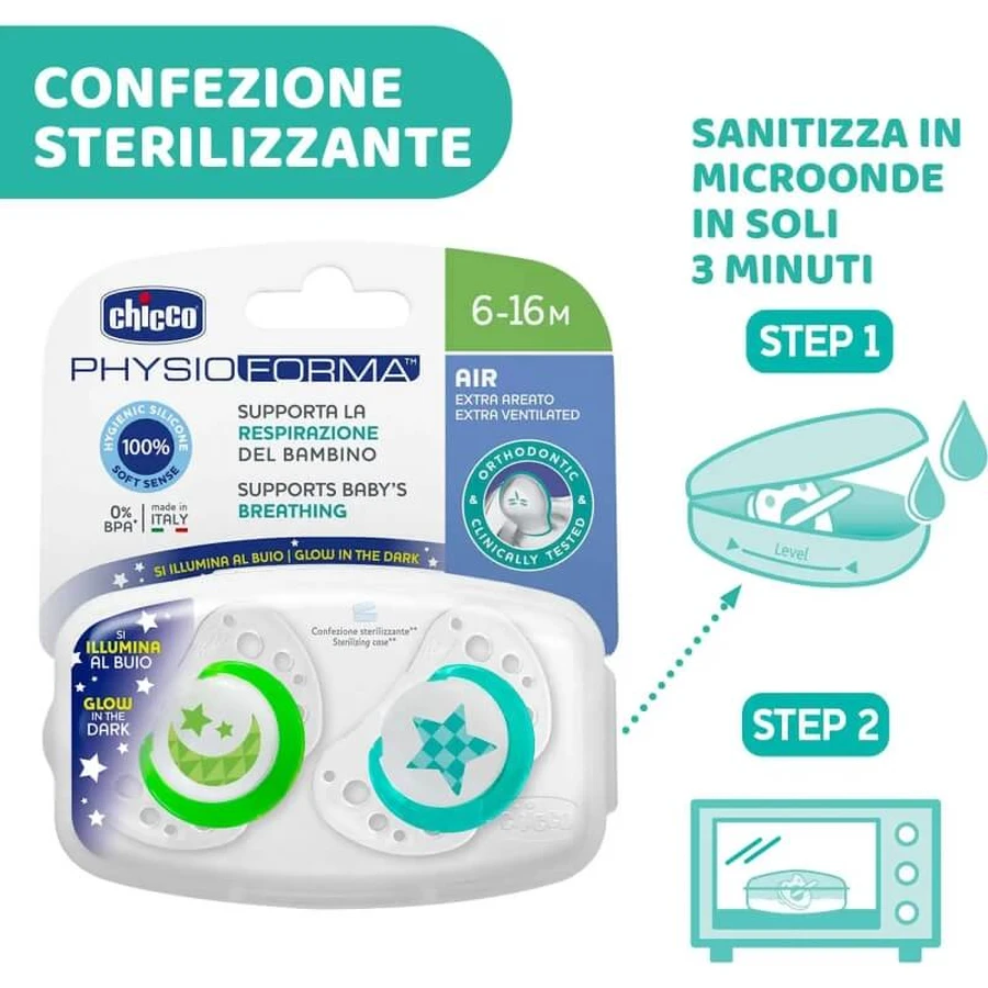 Chicco Physio Air Lumi 6–16 maanden – 2 siliconen fopspenen – diverse kleuren