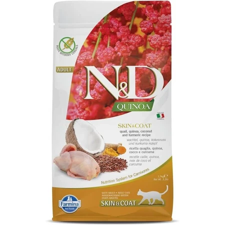 Farmina N&amp;d Quinoa Skin &amp; Coat, Caille, Noix de coco et Curcuma - Aliment complet pour chats adultes, pour la peau et le pelage, 1,5 kg