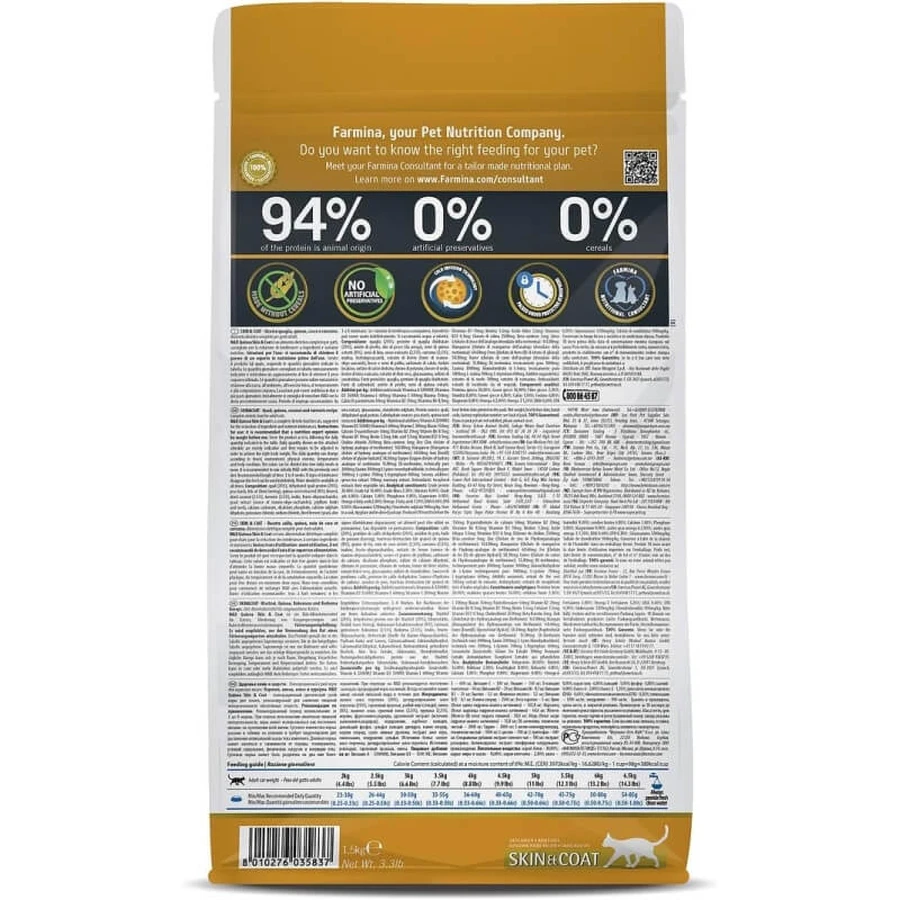 Farmina N&amp;d Quinoa Skin &amp; Coat, Caille, Noix de coco et Curcuma - Aliment complet pour chats adultes, pour la peau et le pelage, 1,5 kg