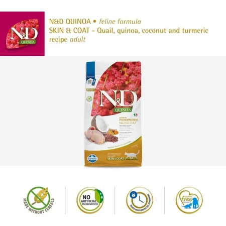 Farmina N&amp;d Quinoa Skin &amp; Coat, Caille, Noix de coco et Curcuma - Aliment complet pour chats adultes, pour la peau et le pelage, 1,5 kg