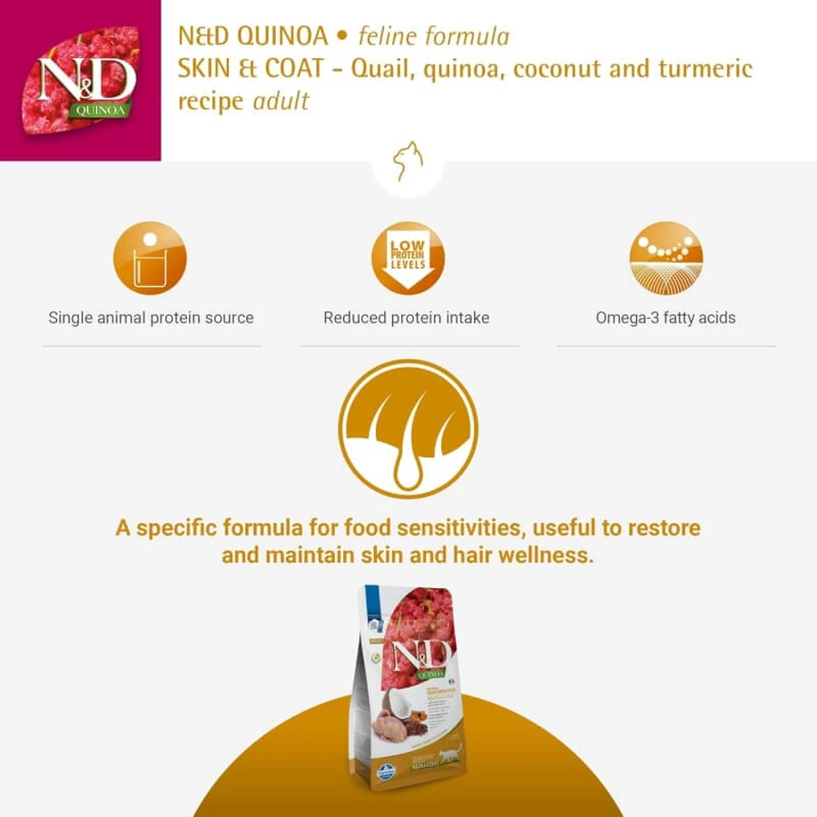 Farmina N&amp;d Quinoa Skin &amp; Coat, Caille, Noix de coco et Curcuma - Aliment complet pour chats adultes, pour la peau et le pelage, 1,5 kg